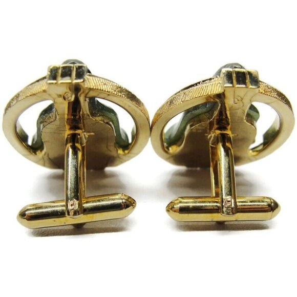 Swank Carved Buddha Green Jade Gold Tone Cufflinks Tux Suit Vintage - Picture 4 of 8